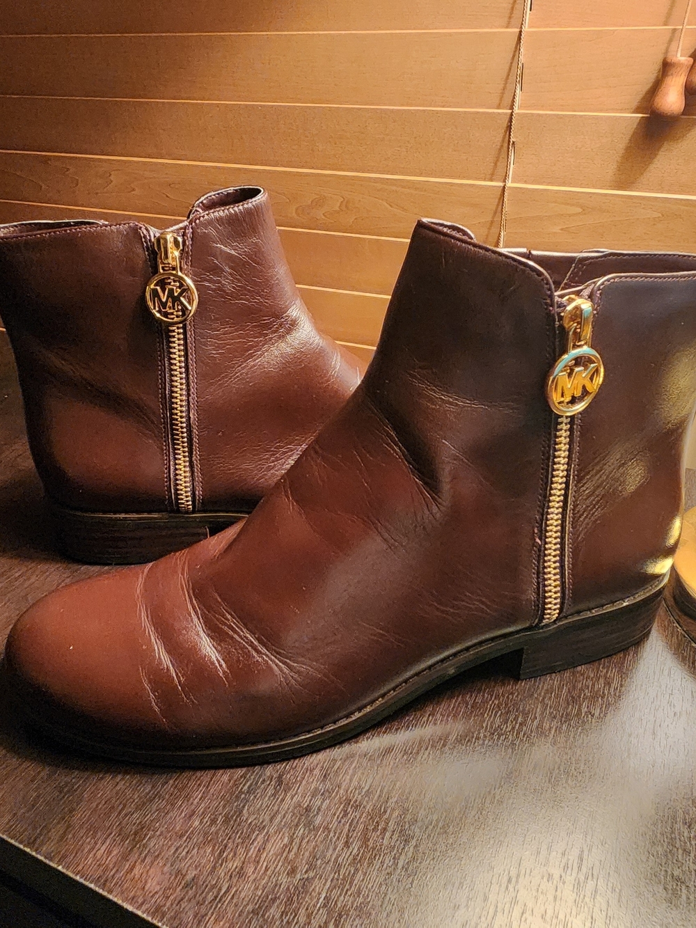 MICHAEL Michael Kors Brown Leather Chukka Boots with Gold MK Zipper